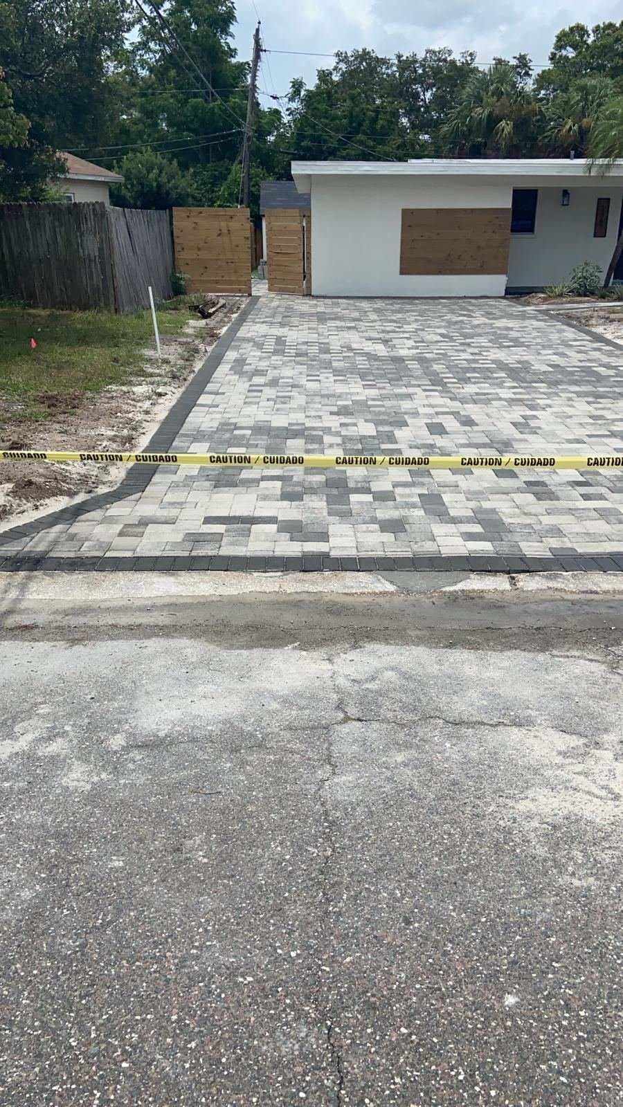 New paver driveway installation, gray blend