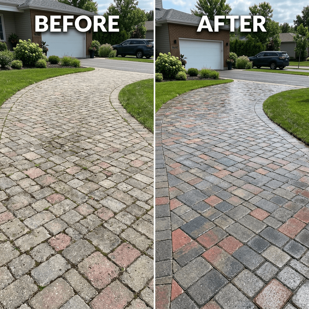 Side-by-side of a driveway before cleaning with dirt and moss and after cleaning with clean, vibrant pavers