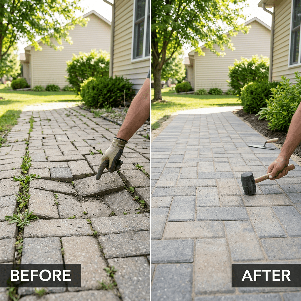 Walkway with broken and uneven pavers before repair and smooth, evenly laid pavers after repair